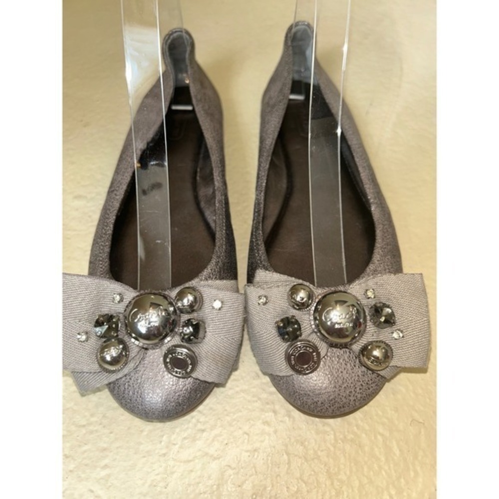 Coach Poppy Caper Ballet Flats Pewter Metallic Jeweled Bow Leather Size 8* EUC